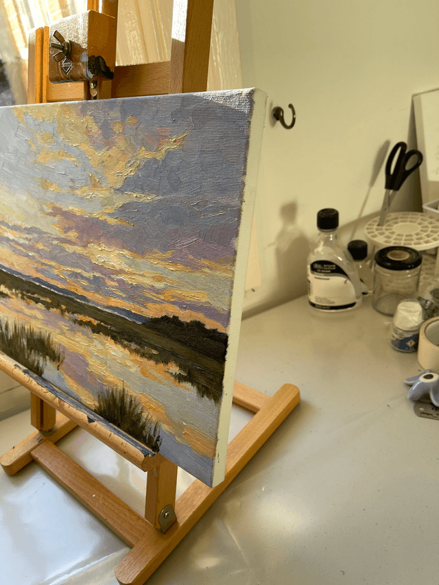 Sunrise over the river. Oil painting on canvas