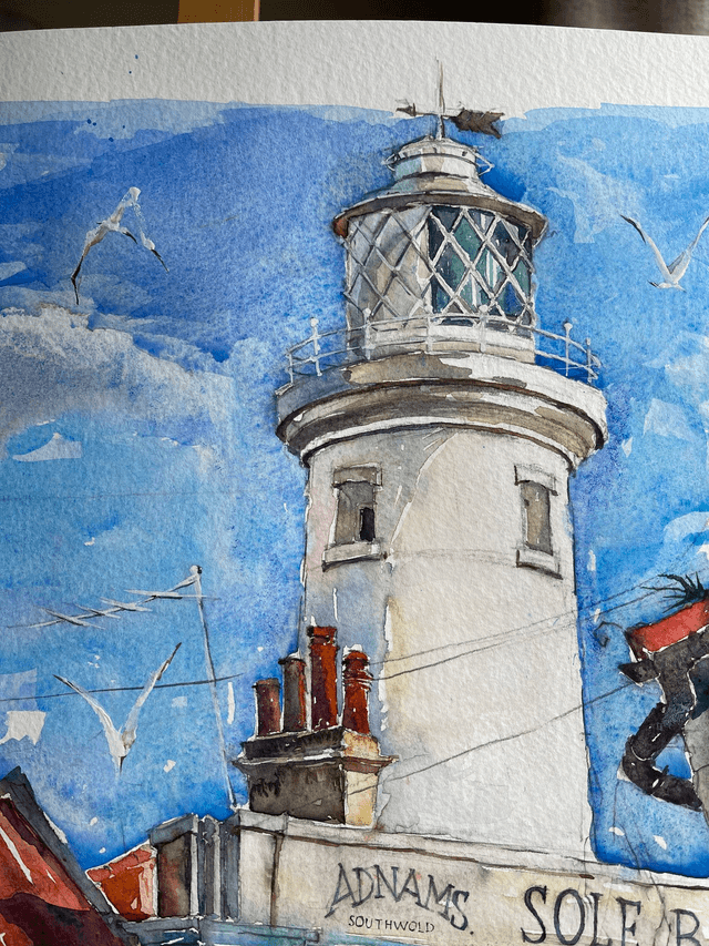 View of Southwold Lighthouse. Original art. Watercolor painting