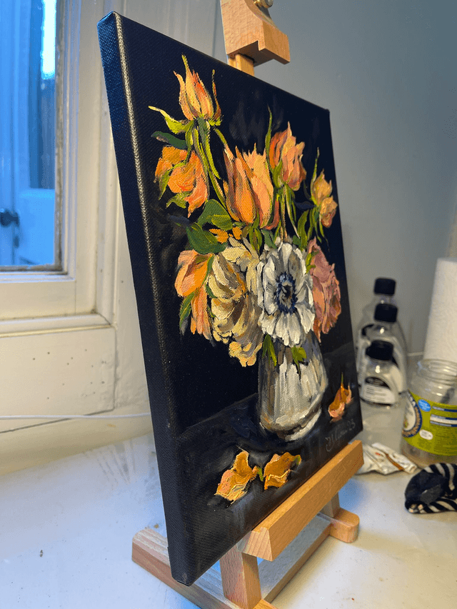 Art Nouveau Rose Bouquet. Original oil painting on stretched black canvas