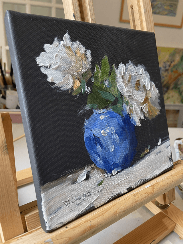 Roses in а blue vase 01. Original oil painting on stretched canvas 20x20 cm