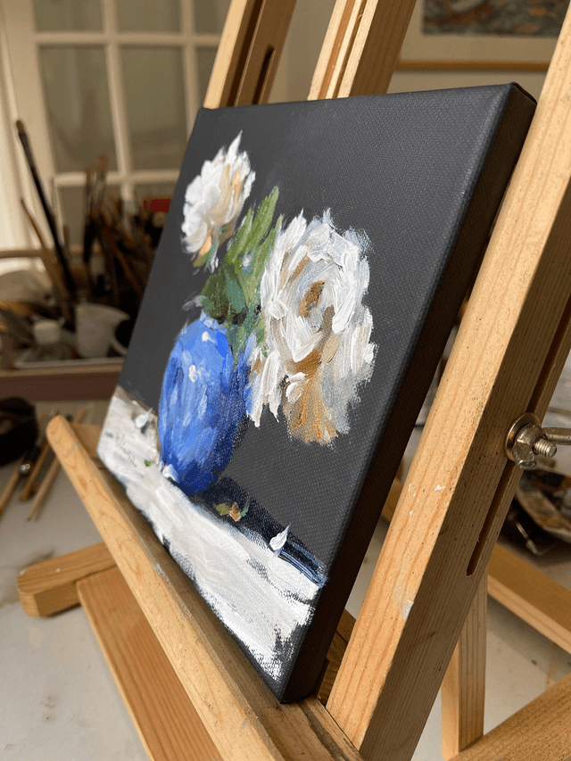 Roses in а blue vase 01. Original oil painting on stretched canvas 20x20 cm