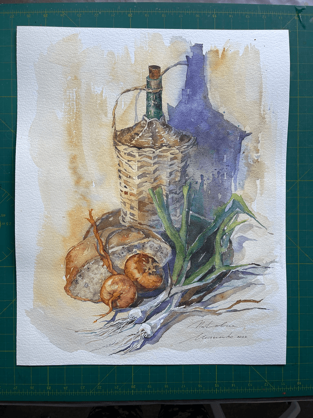 Old style still life Vine and veg. Original watercolour art