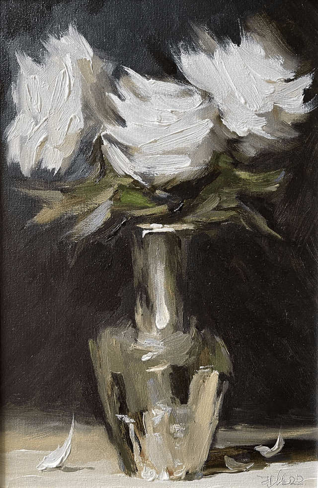 Roses in silver vase. Original oil painting on canvas. In frame