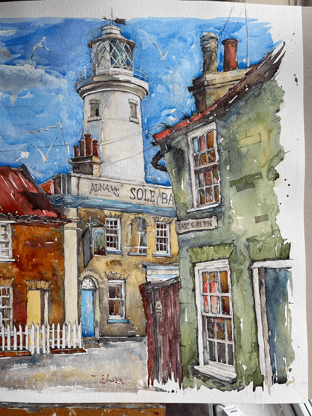 View of Southwold Lighthouse. Original art. Watercolor painting