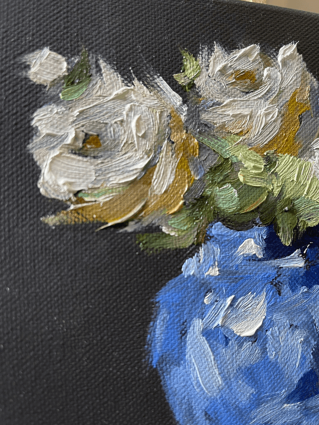 Roses in а blue vase 02. Original oil painting on stretched canvas 20x20 cm