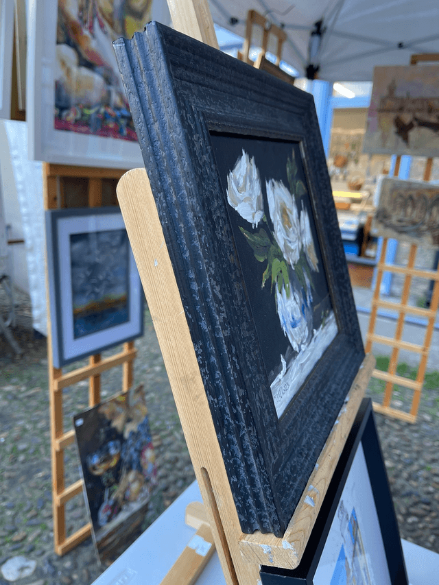 White roses in a vase on black canvas. Original art, oil painting