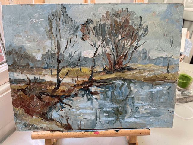Spring on the lake. Oil painting on canvas. Original art