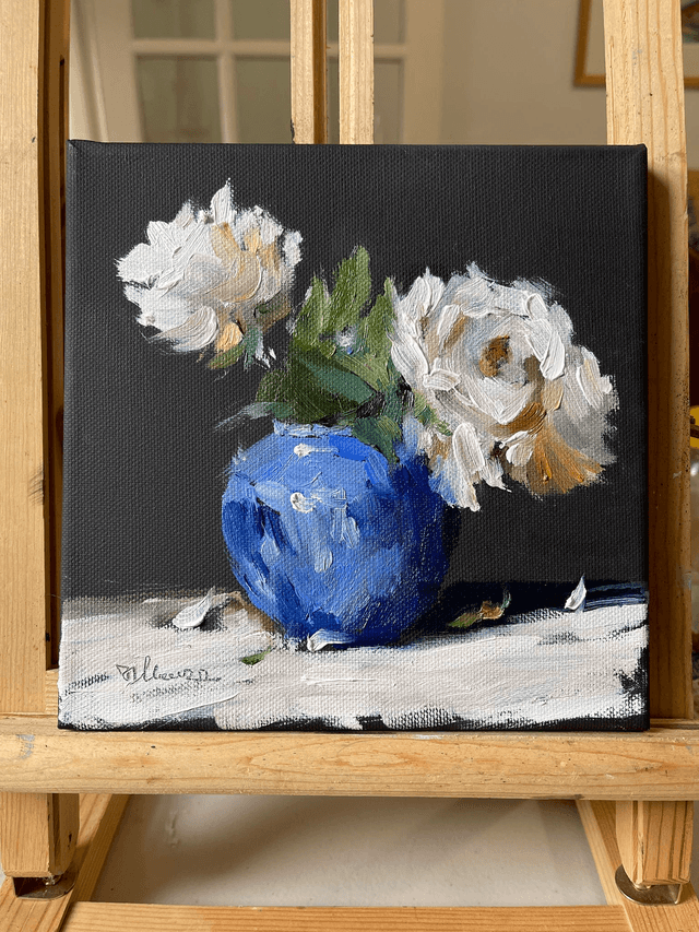 Roses in а blue vase 01. Original oil painting on stretched canvas 20x20 cm