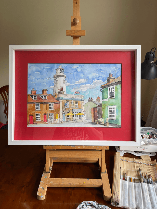 Southwold Lighthouse. Watercolor painting. Original art in frame under glass