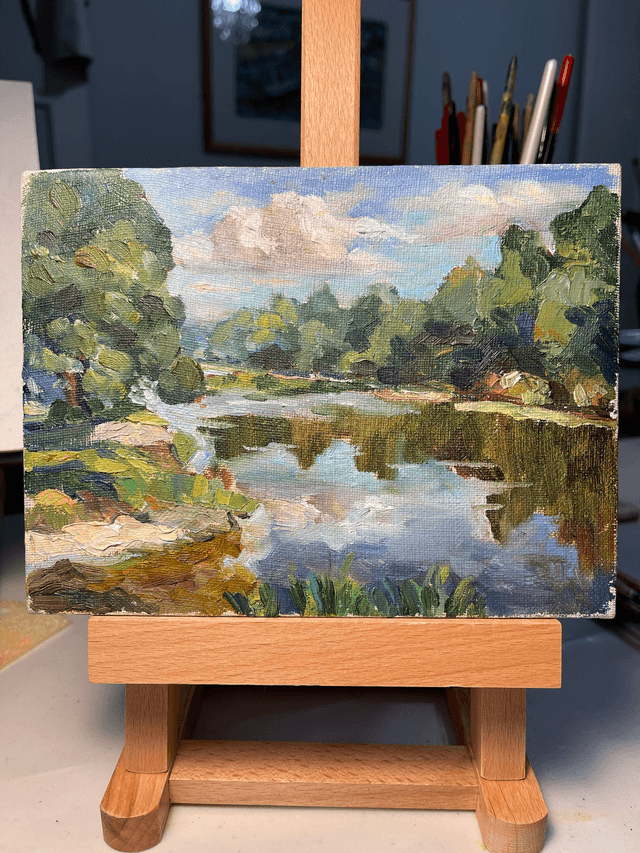 Old oaks on the river bank. Oil painting on canvas