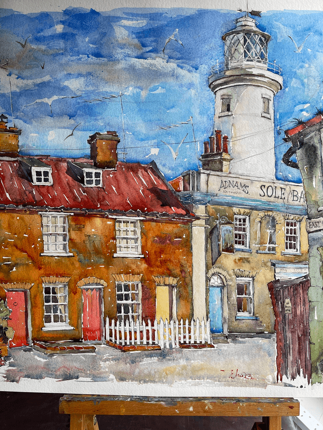 View of Southwold Lighthouse. Original art. Watercolor painting