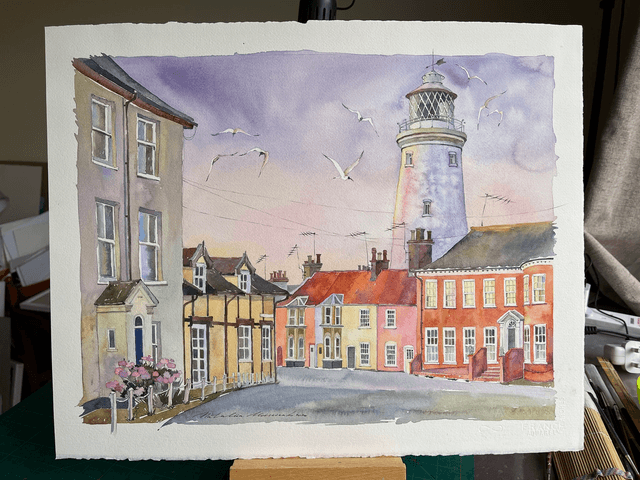 Southwold Lighthouse on sunset lights. Original watercolor