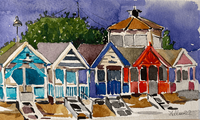 Southwold beach hats under Gunhill. Watercolor in a frame. Original art