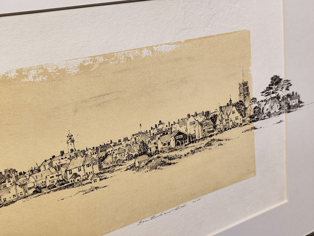 Southwold Sea wide View. Original art. Drawing, mix-media in frame under glass
