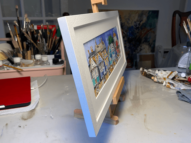 Southwold beach hats under Gunhill. Watercolor in a frame. Original art