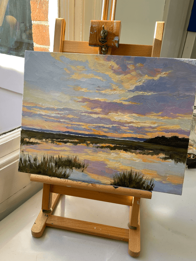 Sunrise over the river. Oil painting on canvas