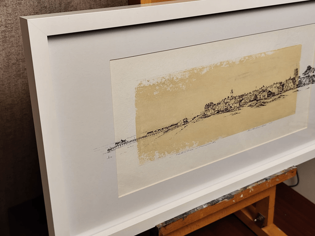 Southwold Sea wide View. Original art. Drawing, mix-media in frame under glass