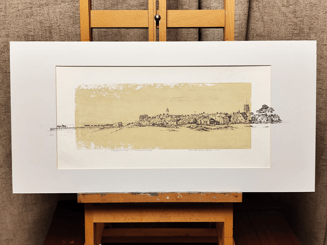 Southwold Sea wide View. Original art. Drawing, mix-media in frame under glass