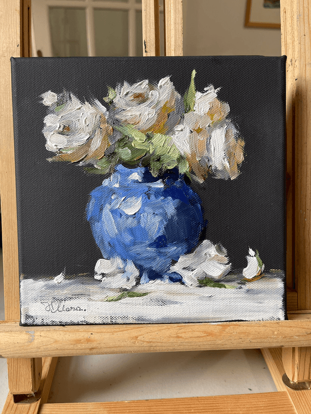 Roses in а blue vase 02. Original oil painting on stretched canvas 20x20 cm