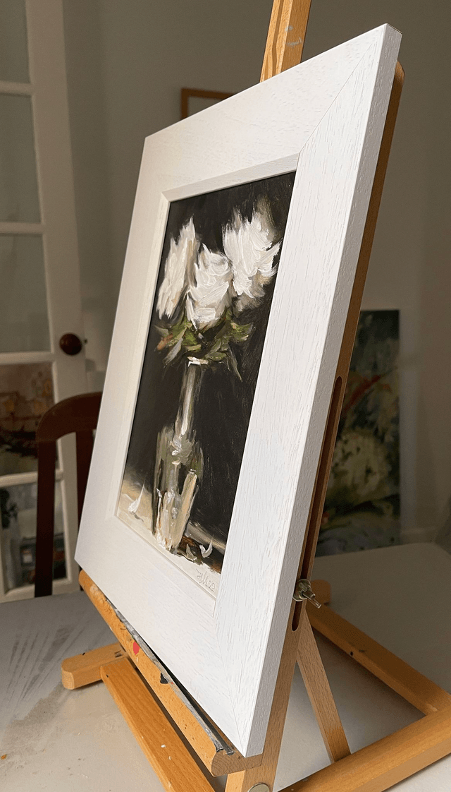 Roses in silver vase. Original oil painting on canvas. In frame
