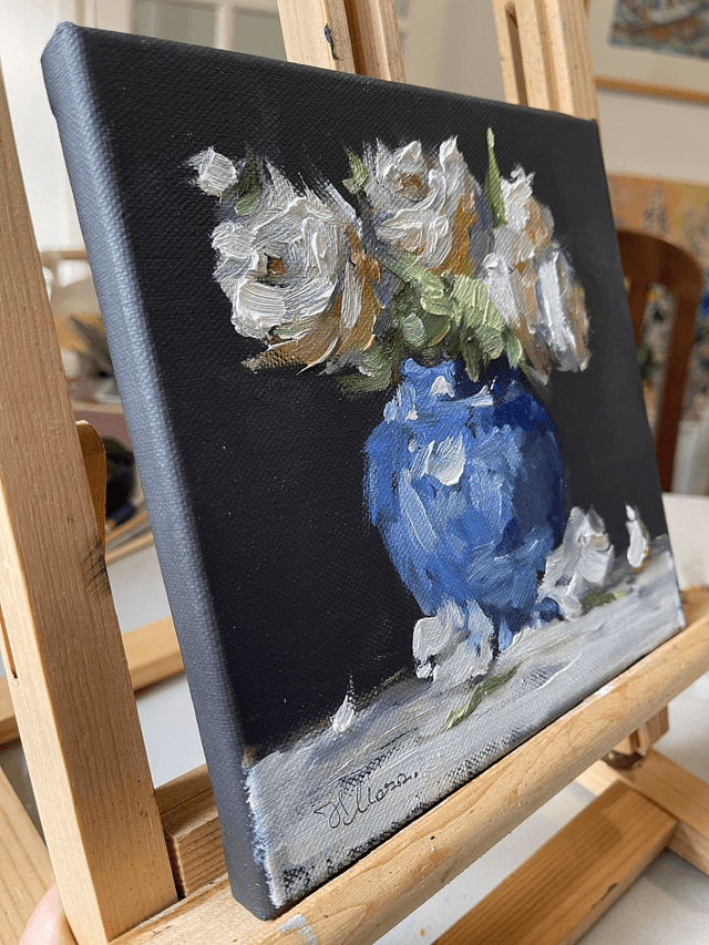 Roses in а blue vase 02. Original oil painting on stretched canvas 20x20 cm