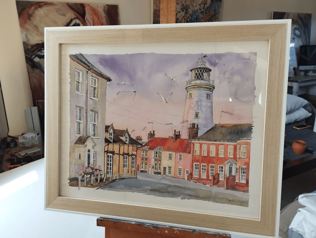 Southwold Lighthouse on sunset lights. Original watercolor