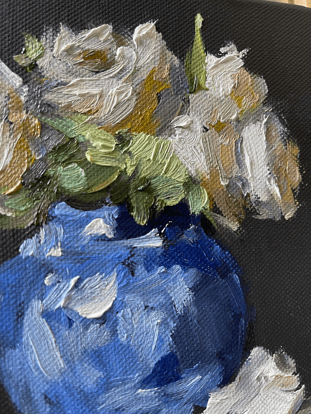 Roses in а blue vase 02. Original oil painting on stretched canvas 20x20 cm