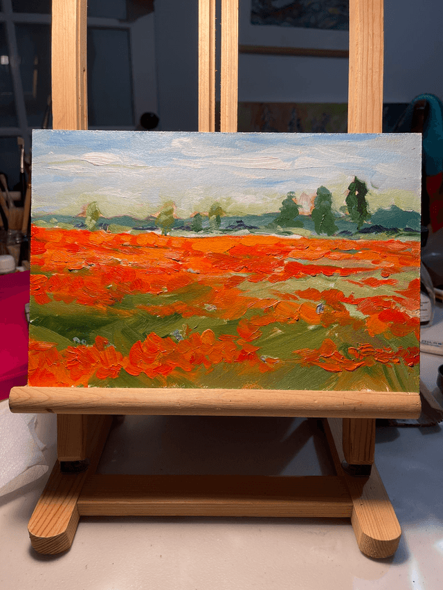 Poppy field. Oil painting on cardboard. Original art