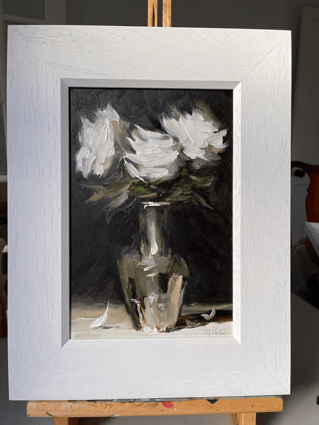 Roses in silver vase. Original oil painting on canvas. In frame