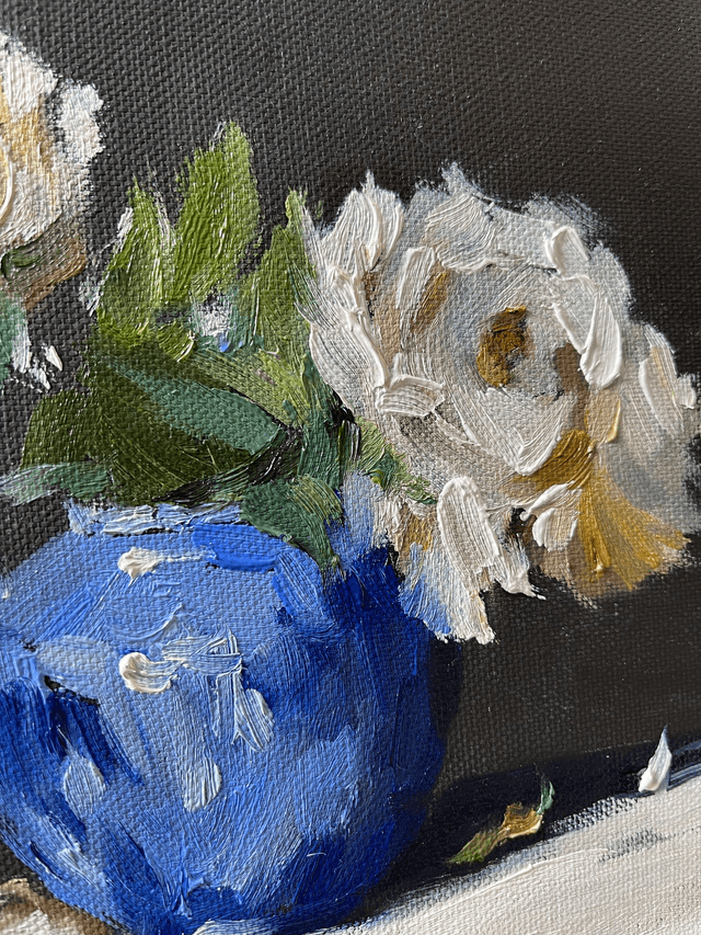 Roses in а blue vase 01. Original oil painting on stretched canvas 20x20 cm