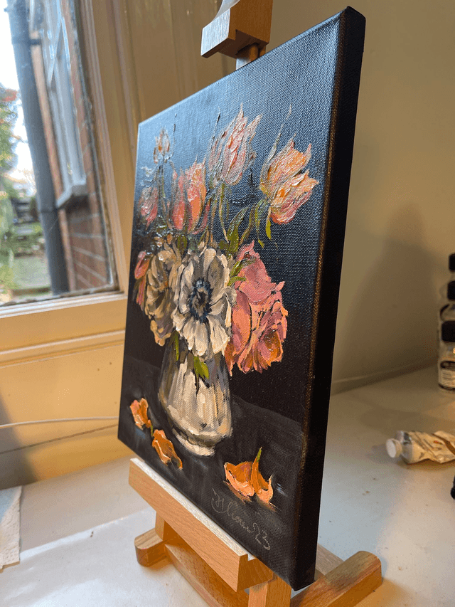 Art Nouveau Rose Bouquet. Original oil painting on stretched black canvas