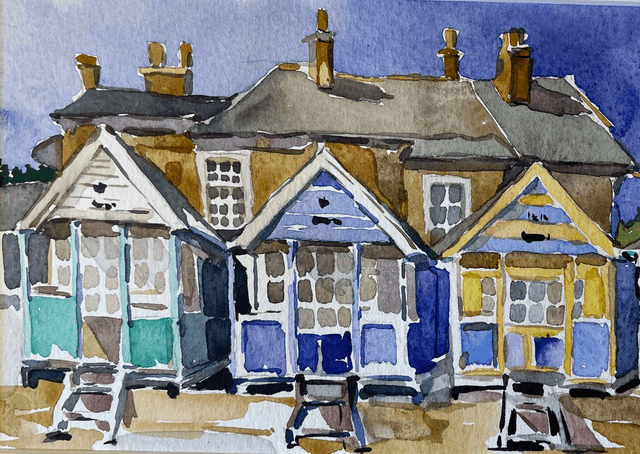 Southwold beach hats under Gunhill. Watercolor in a frame. Original art