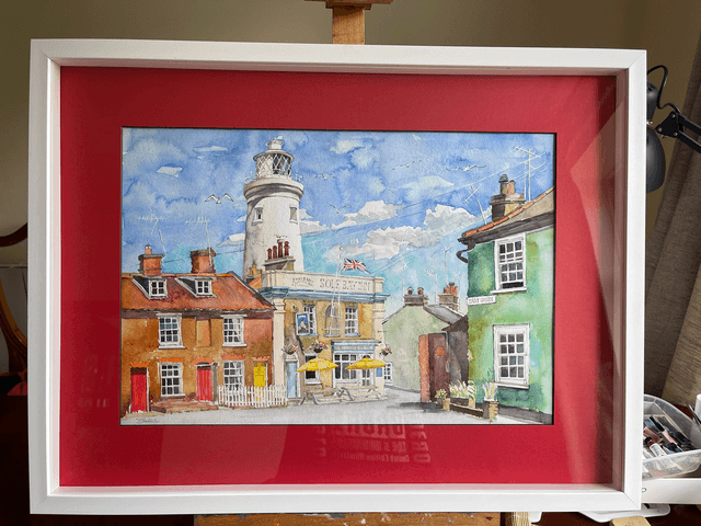 Southwold Lighthouse. Watercolor painting. Original art in frame under glass