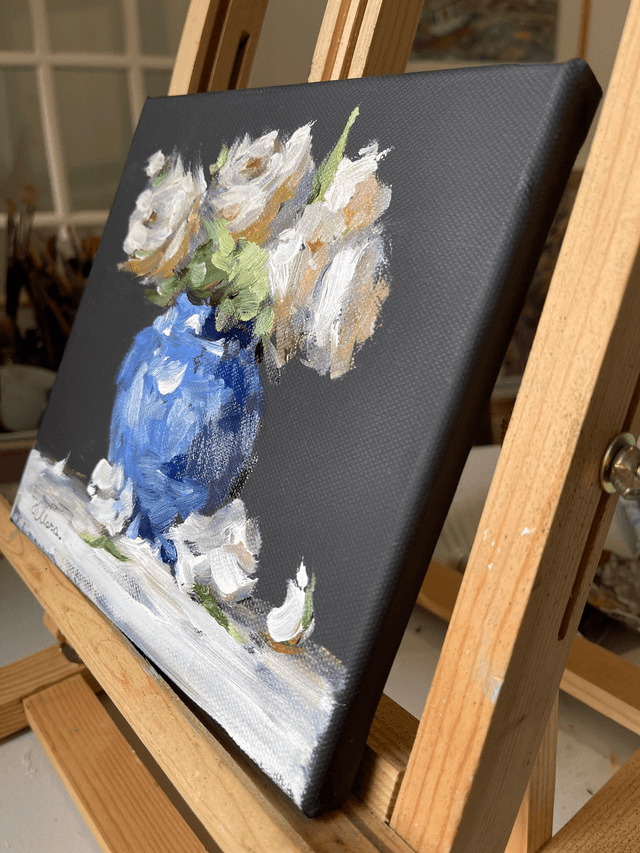 Roses in а blue vase 02. Original oil painting on stretched canvas 20x20 cm