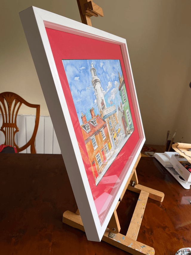 Southwold Lighthouse. Watercolor painting. Original art in frame under glass