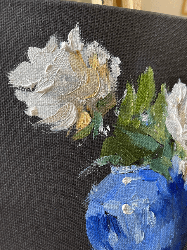 Roses in а blue vase 01. Original oil painting on stretched canvas 20x20 cm