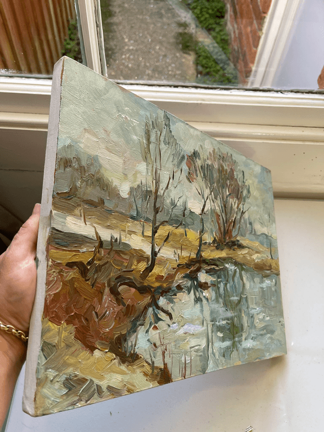 Spring on the lake. Oil painting on canvas. Original art