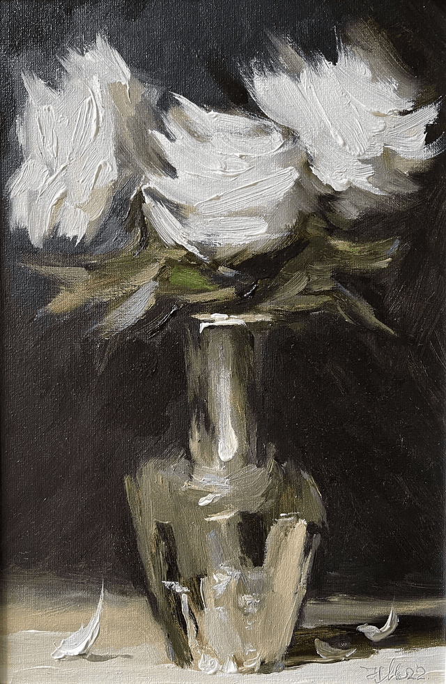 Roses in silver vase. Original oil painting on canvas. In frame