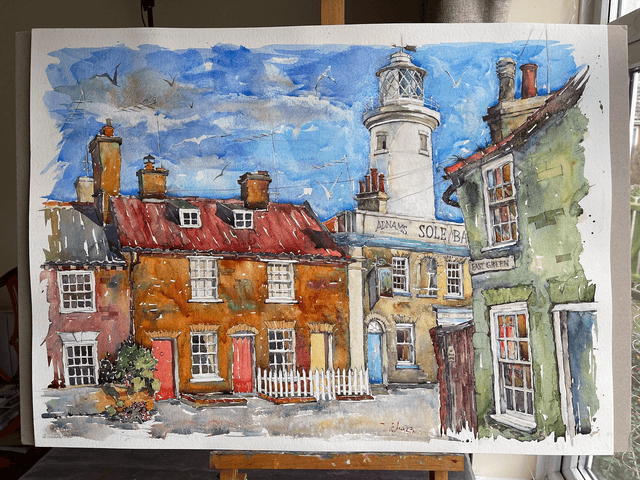 View of Southwold Lighthouse. Original art. Watercolor painting