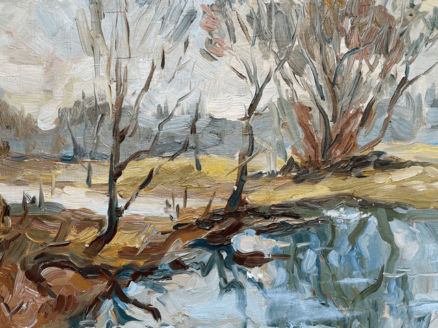 Spring on the lake. Oil painting on canvas. Original art