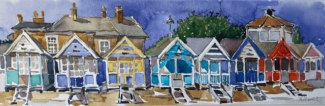 Southwold beach hats under Gunhill. Watercolor in a frame. Original art