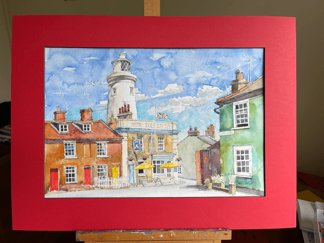Southwold Lighthouse. Watercolor painting. Original art in frame under glass