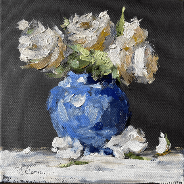 Roses in а blue vase 02. Original oil painting on stretched canvas 20x20 cm